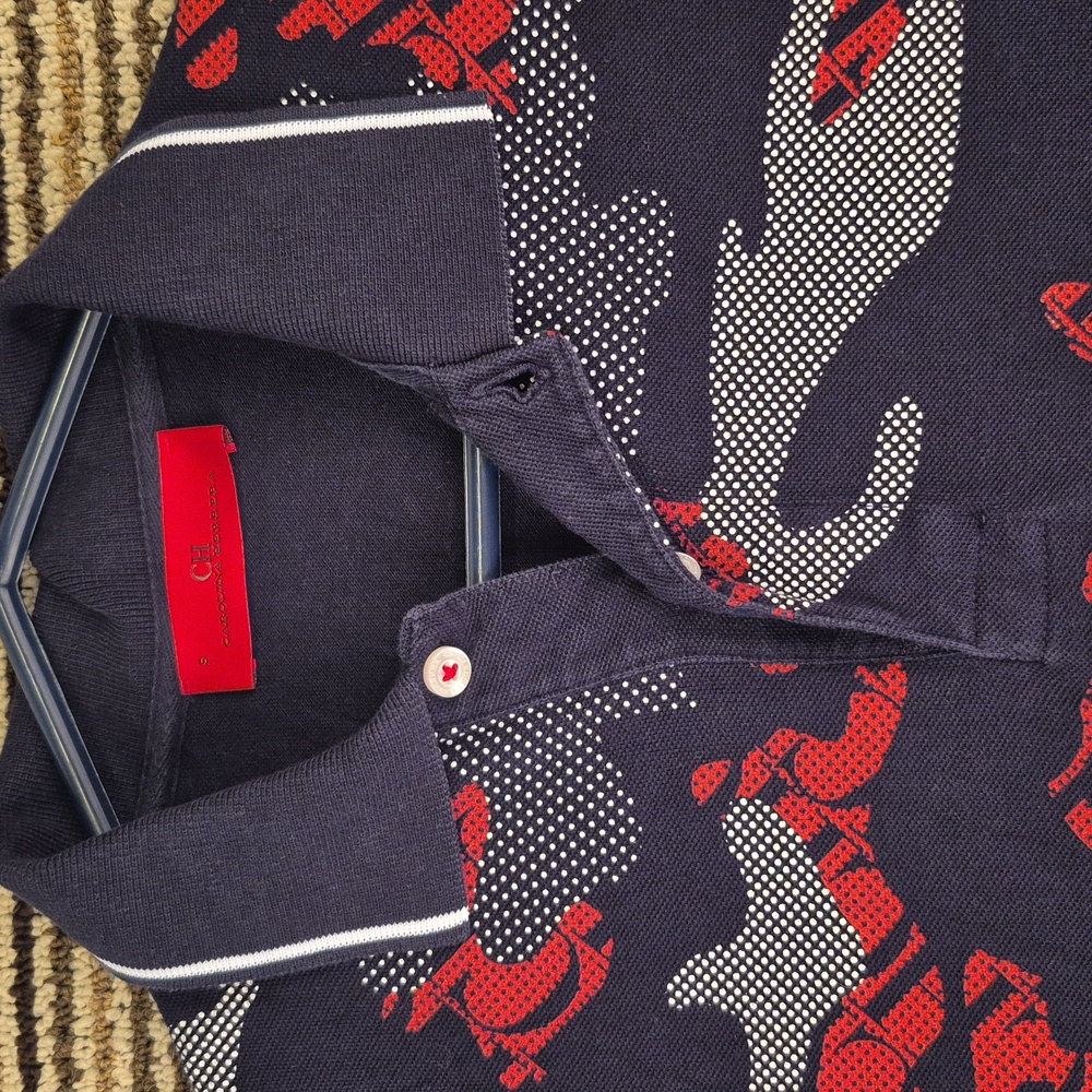 CAROLINA HERRERA Black Red Grey Abstract Camo Small Mens Designer Polo Shirt - Picture 2 of 8